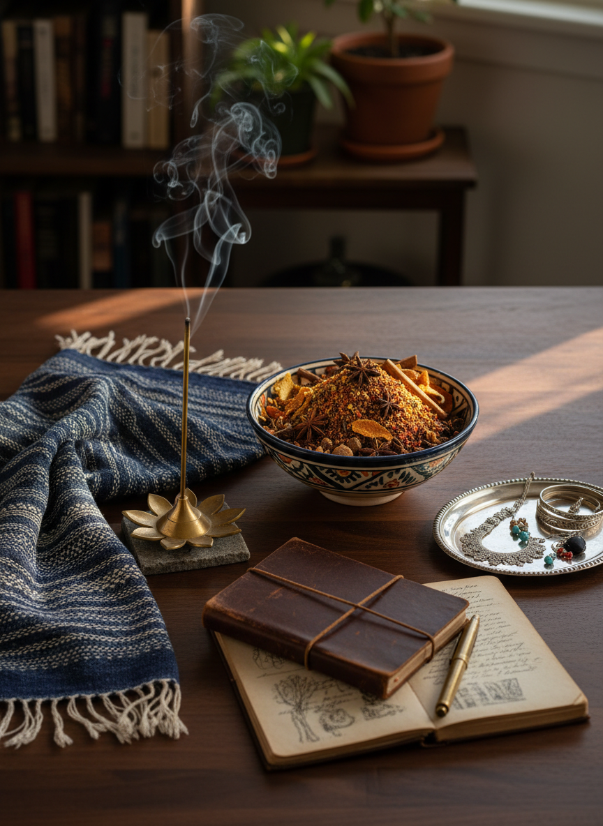 A refined flat-lay of a dark walnut table set with artifacts from five regions of the world: a hand-painted ceramic bowl filled with fragrant spices, a finely woven indigo textile with subtle geometric patterns, a slender brass incense holder releasing a delicate wisp of smoke, a worn leather-bound travel journal half-open, and a small tray displaying intricate silver and bead jewelry. Soft late-afternoon window light grazes the surfaces, drawing out textures in the fabric and metal while leaving the background in a gentle blur. Photographic realism, eye-level but slightly elevated composition, calm and contemplative mood that feels scholarly yet welcoming, with a sophisticated, editorial aesthetic suited for a global culture blog homepage hero image.