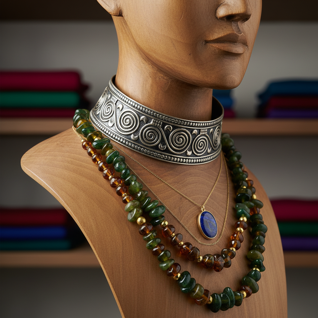 An elegant close-up of a carved wooden mannequin bust draped with layered global jewelry: a fine gold chain with a small lapis pendant, a heavy, oxidized silver collar with engraved patterns, and a strand of polished semi-precious stones in deep greens and ambers. The background reveals blurred hints of folded textiles in rich jewel tones stacked on simple shelves. Soft, diffused studio-style lighting from one side emphasizes metallic reflections and stone translucency while preserving subtle shadows. Shot at a three-quarter angle with a shallow depth of field, the photographic image feels refined and editorial, highlighting artisan craftsmanship in jewelry and textiles as part of a sophisticated exploration of global fashion.