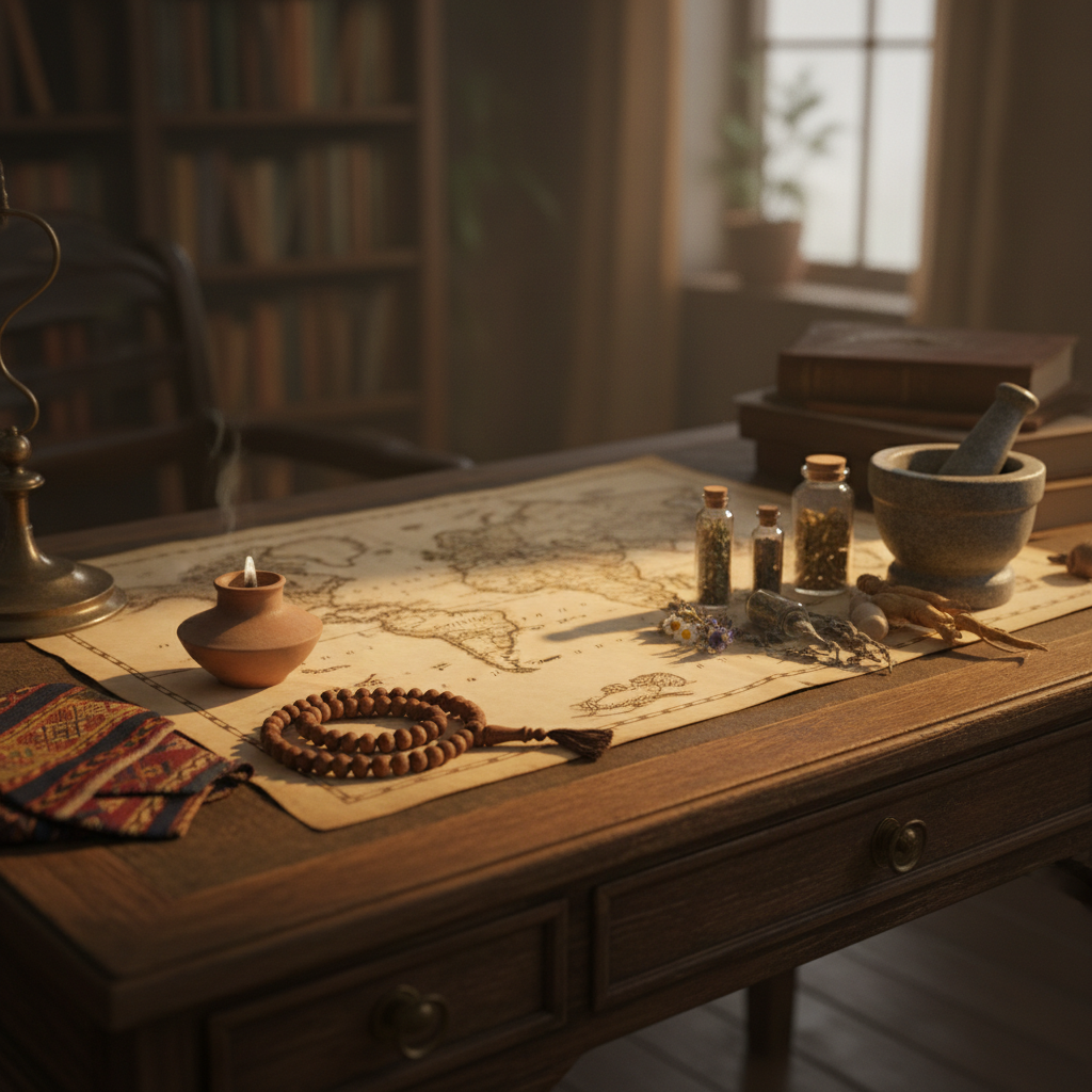 An antique wooden desk in a quiet study, topped with a large, slightly yellowed world map, a delicately carved wooden prayer bead strand coiled near the edge, a simple clay oil lamp, and a small cluster of traditional medicine tools such as glass vials of dried herbs and a well-used stone mortar and pestle. A folded, patterned textile with muted reds and golds adds warmth to one corner. Warm, directional lamplight pools across the surface, leaving the edges in soft shadow. Captured at an eye-level angle with shallow depth of field, the photographic image exudes a scholarly, contemplative mood that hints at intersections of faith, healing, and global traditions.
