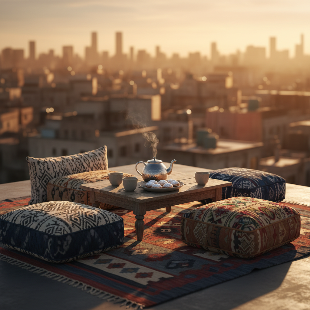 A serene rooftop terrace in a densely built city, furnished with a low wooden table set on a patterned kilim rug, surrounded by assorted cushions covered in handwoven textiles from different regions, each with distinct motifs and color palettes. On the table sit a steaming pot of tea in a hammered metal teapot, two simple ceramic cups, and a small plate of delicately arranged pastries dusted with powdered sugar. The city skyline appears softly blurred in the background under warm golden hour light, which casts long, gentle shadows across the fabrics. Photographic realism, wide but intimate composition, and a tranquil, cosmopolitan mood convey global hospitality and slow, thoughtful travel.