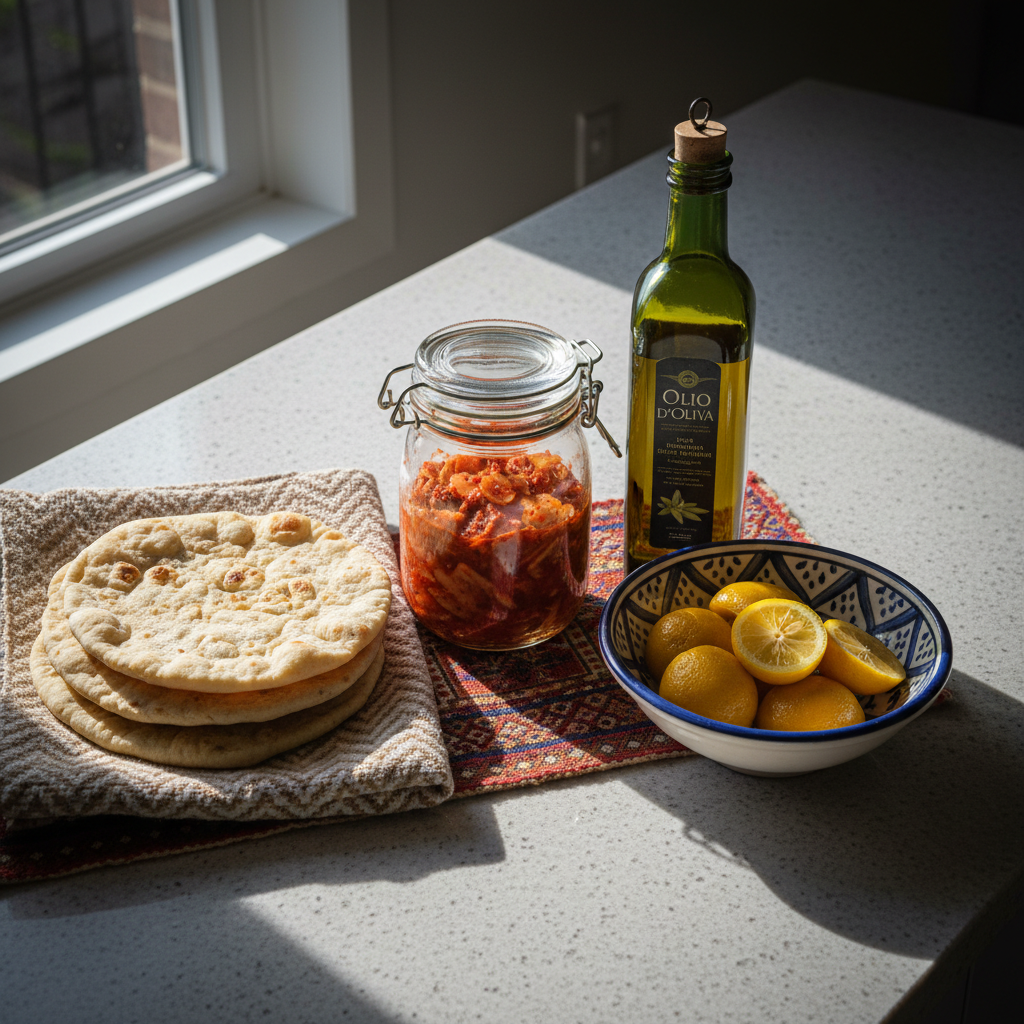 A polished stone countertop in a contemporary kitchen, covered with carefully arranged ingredients for a global feast: vibrant Korean kimchi in a simple glass jar, Italian olive oil in a green-tinted bottle, Moroccan preserved lemons in a ceramic bowl, and a stack of soft, flour-dusted Indian flatbreads on a handwoven cloth. A narrow strip of embroidered textile runs beneath the dishes, adding rich color and cultural detail. Morning light streams in from a nearby window, creating crisp highlights and natural shadows. Shot from directly above with sharp focus and subtle vignetting, the photographic image feels refined yet approachable, celebrating authentic world cuisines without feeling staged or stereotypical.