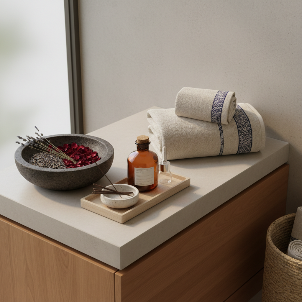 A minimalist, modern bathroom vanity featuring an arrangement of global wellness items: a dark stone bowl filled with dried lavender and rose petals, a wooden tray supporting an amber glass bottle of herbal tincture, a small ceramic dish with hand-rolled incense, and neatly folded cotton towels edged with subtle, traditional embroidery. A woven basket in the corner hints at natural fibers and sustainable craft. Soft, diffused daylight from a frosted window illuminates the scene, creating clean highlights on the glass and stone while maintaining a serene, spa-like atmosphere. Photographic realism with a slightly elevated angle and balanced composition underscores a sophisticated exploration of traditional medicine and self-care rituals worldwide.
