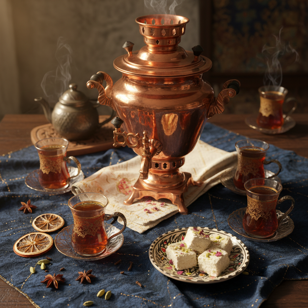 A gleaming antique copper samovar with ornate Persian tea glasses filled with amber tea and pieces of halva on a small plate, warm golden light