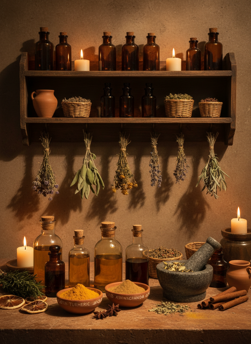 Ayurvedic herbal oils and spices on a warm stone surface in the foreground — amber glass bottles, small clay bowls of turmeric and ashwagandha, dried herbs, and a mortar and pestle. On the wall behind, a rustic wooden apothecary shelf lined with rows of amber glass potion bottles of varying heights, dried herb bundles hanging from hooks, and small clay pots. Warm golden candlelit light, rich earthy tones, sophisticated editorial photography style.