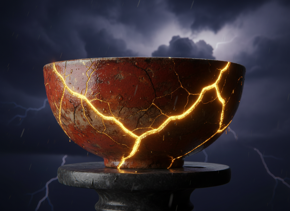 A cinematic close-up of a Kintsugi ceramic bowl with deep sunset red and terracotta tones, golden seams glowing brilliantly. The background is a dramatic stormy night sky — deep indigo and charcoal storm clouds — creating stark contrast that makes the golden repair lines radiate with warmth and light. Moody, intimate, sophisticated. The golden cracks glow as if lit from within against the darkness.