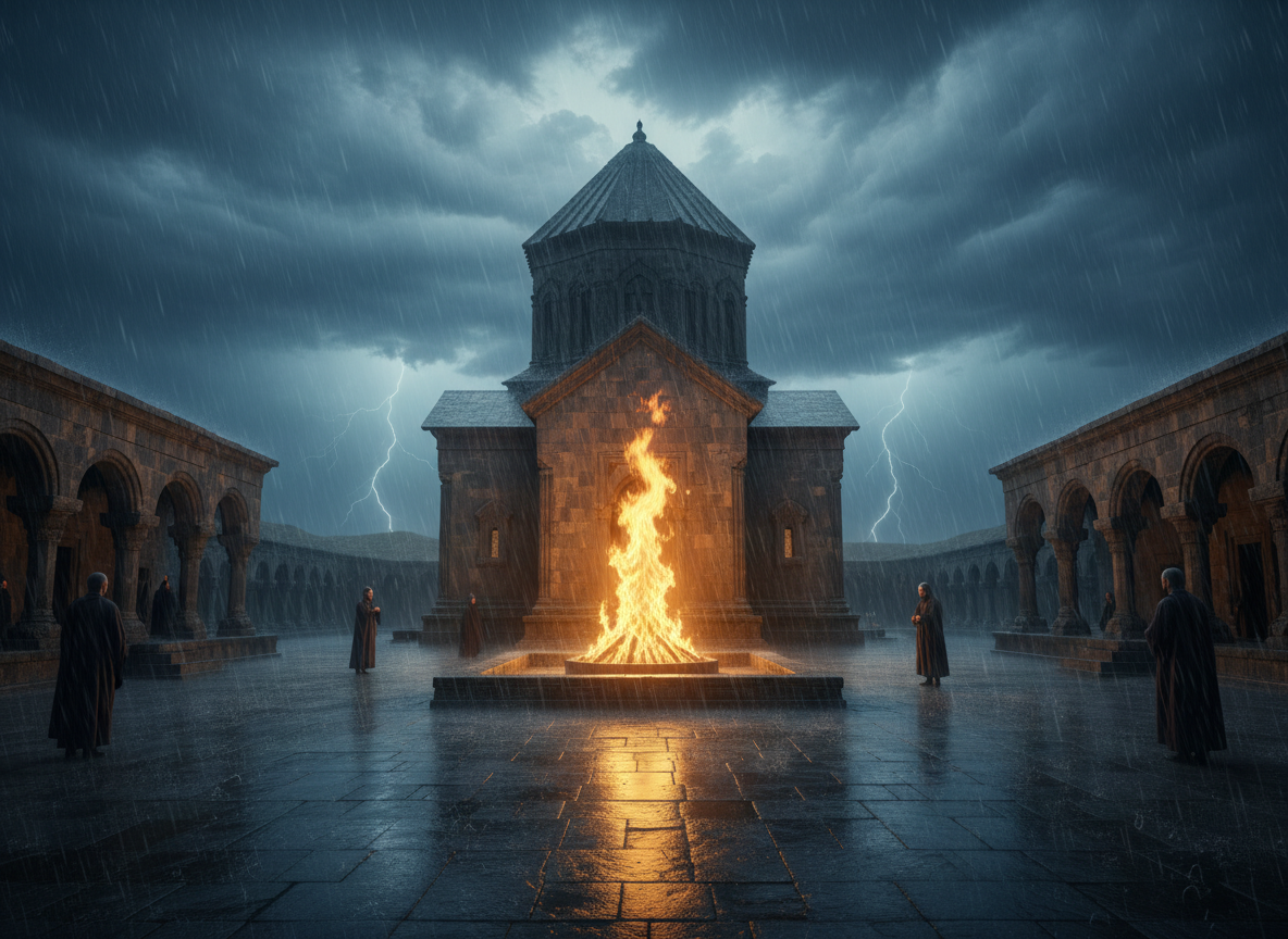 The eternal flame of Ateshgah Fire Temple in Baku, Azerbaijan, burning undimmed beneath a stormy monsoon sky with rain falling around it.