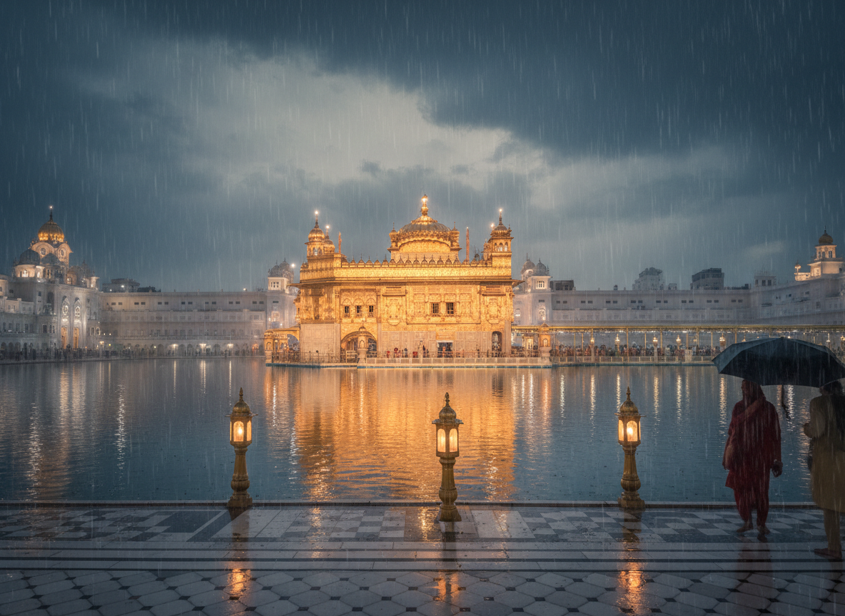 The Golden Temple, Sri Harmandir Sahib in Amritsar, illuminated in warm golden light on a rainy monsoon night, its golden reflection shimmering in the Amrit Sarovar.