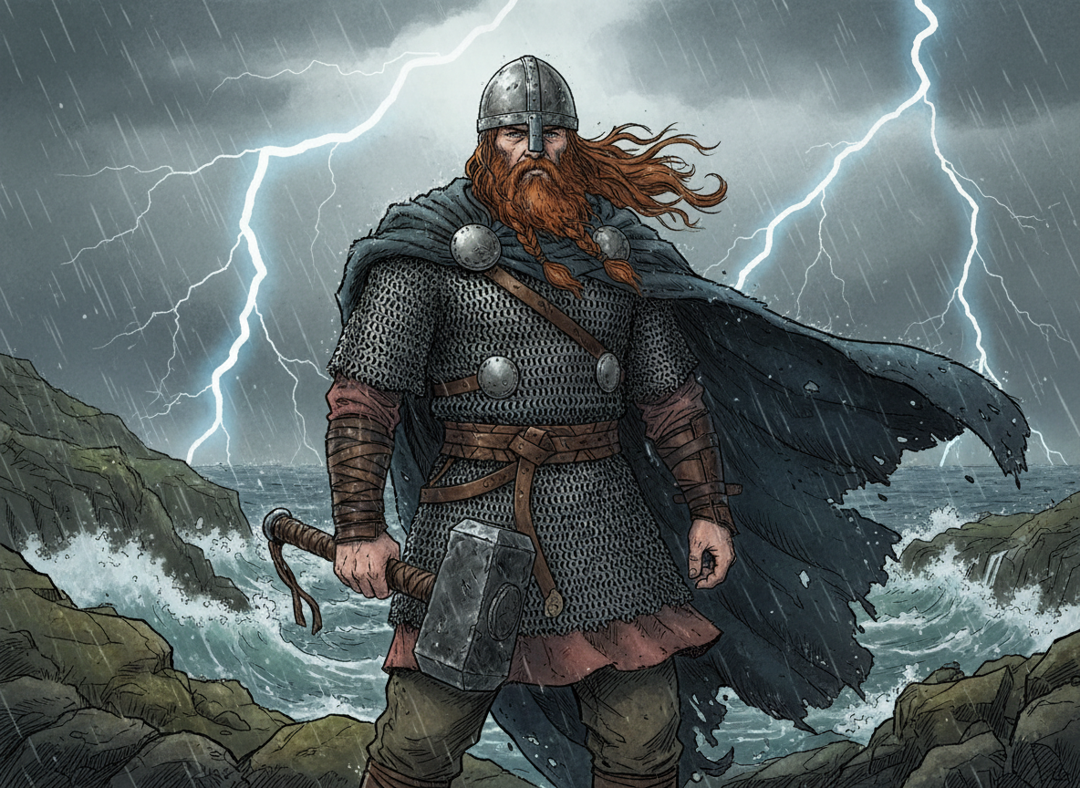 Thor, the ancient Norse god of thunder — a broad red-bearded warrior holding Mjölnir, standing on storm-battered Scandinavian coastal cliffs above a dark churning fjord, lightning splitting an iron-grey sky.