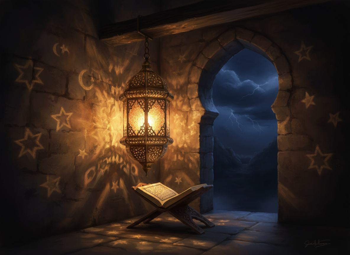 An ornate Moroccan brass lantern glowing with warm golden light through intricate geometric lattice cutouts, hanging in a dark arched alcove with an open Quran resting before it and soft rain-washed light filtering in — evoking Ayat al-Nur, the Light of Allah, a light upon light