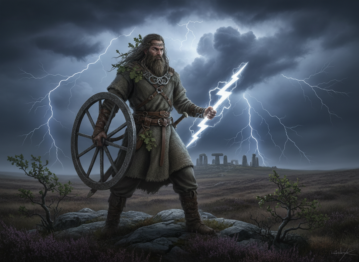 Taranis, the ancient Celtic god of thunder — a powerful warrior druid figure holding a spoked wheel in one hand and a lightning bolt in the other, standing on windswept moorland, storm clouds churning overhead.