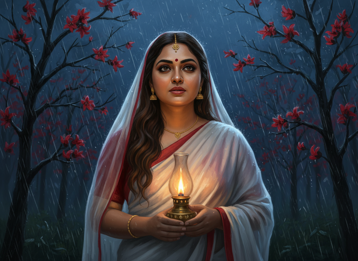 A Bengali woman standing at the edge of a monsoon forest at night, holding a small brass oil lantern whose warm amber flame glows steadily in the dark rain. She wears a white saree with a red border. A sheer white organza dupatta rests lightly over her long wavy dark brown hair as a gentle veil against the rain — draped loosely, NOT pinned to the parting. Her hair parting is COMPLETELY BARE AND CLEAN — absolutely ZERO red, ZERO sindoor, ZERO colour of any kind in the hair parting or anywhere in the hair. She is unmarried. NO ring on any finger. One small round RED bindi sits centred between her eyebrows on her forehead — NOT in the hair, NOT high up. A delicate gold maang tikka chain rests along the centre parting with a small pendant at the hairline. Face: warm wheatish medium-brown South Asian complexion, full rounded face, thick defined dark arched eyebrows, dark kohl-lined almond brown eyes, straight nose, full soft lips in a natural neutral colour. Full natural figure — not slim. Gold jhumka earrings. Matching thin gold necklace. Her gaze is yearning and slightly hesitant, half-turned toward the dark stormy sky. The trees behind her are Shimul silk cotton trees (Bombax ceiba) — vivid scarlet-red blossoms on bare black branches with NO leaves, glowing dramatically against the deep indigo monsoon night sky. Diagonal silver rain falls all around her. Warm amber lantern light illuminates her face from below against the darkness. Cinematic painterly oil painting style, lyrical Tagore-inspired mood. Widescreen 16:9 landscape composition.